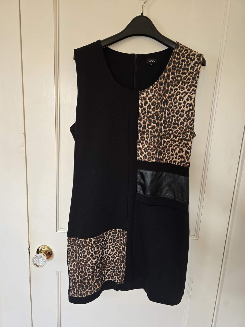 Black & Leopard Panel Mini Dress with Faux-Leather Trim XL